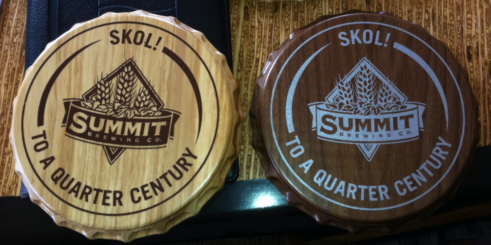 Wood Award Plaque Custom Business Logo – Summit Brewery Co (jord this is the bottle cap looking thing)