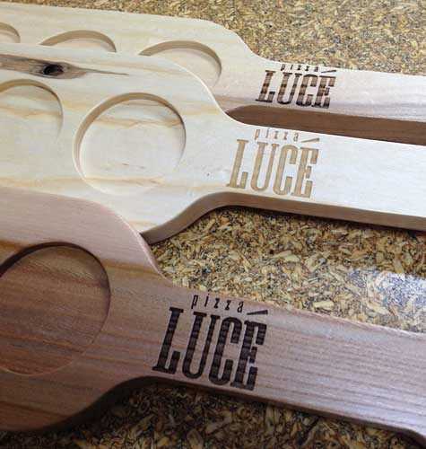 Wood Beer Flight Paddle with Custom Business Logo Urban Wood From The Hood – Pizza Luce