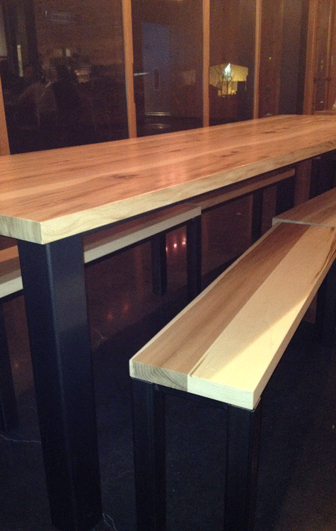 Wood Picnic Style Communal Table with Metal Base – Surly Brewing - Minneapolis