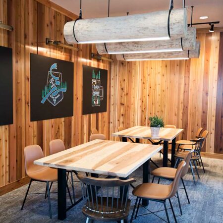 Dining Ledges | Bench | Communal Tables | Log Light Fixtures | Wood From The Hood | Caribou Coffee | Minneapolis
