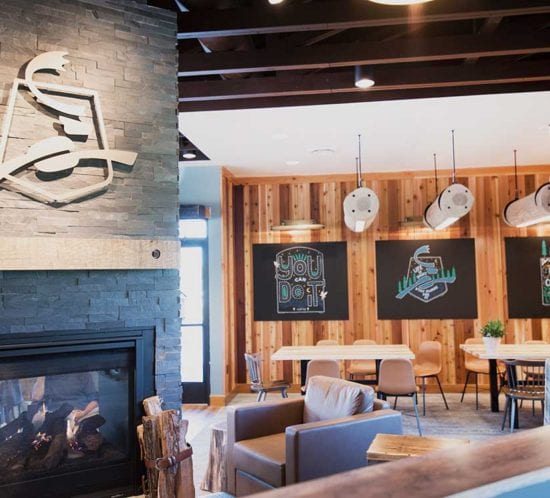 Dining Ledges | Bench | Communal Tables | Log Light Fixtures | Wood From The Hood | Caribou Coffee | Minneapolis