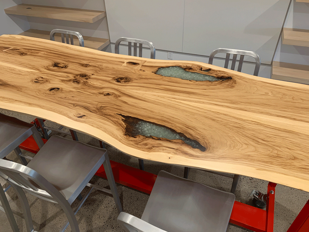 Book Matched American Elm Table Red Base - Prouty Projects
