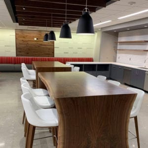 Black Walnut Paneling | Live-Edge Tables | Ceiling Baffles | Live-Edge Shelves | Wood From The Hood | Cushman Wakefield | Minneapolis