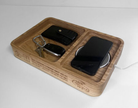 Valet-Tray-with-Charger-Engraved Handcrafted ash wood valet tray with smooth edges and warm natural tones
