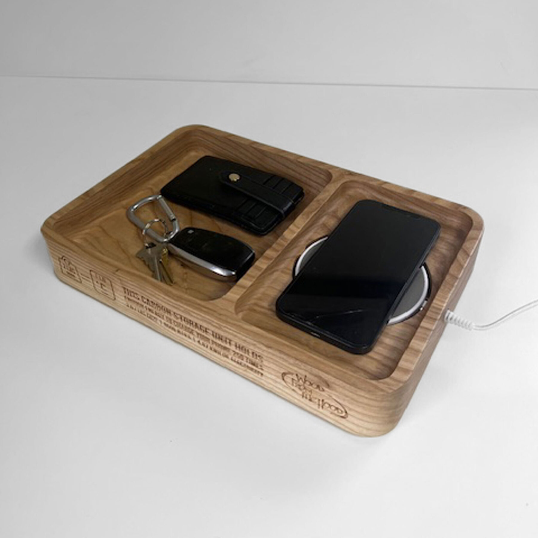 Valet-Tray-with-Charger-Engraved Handcrafted ash wood valet tray with smooth edges and warm natural tones