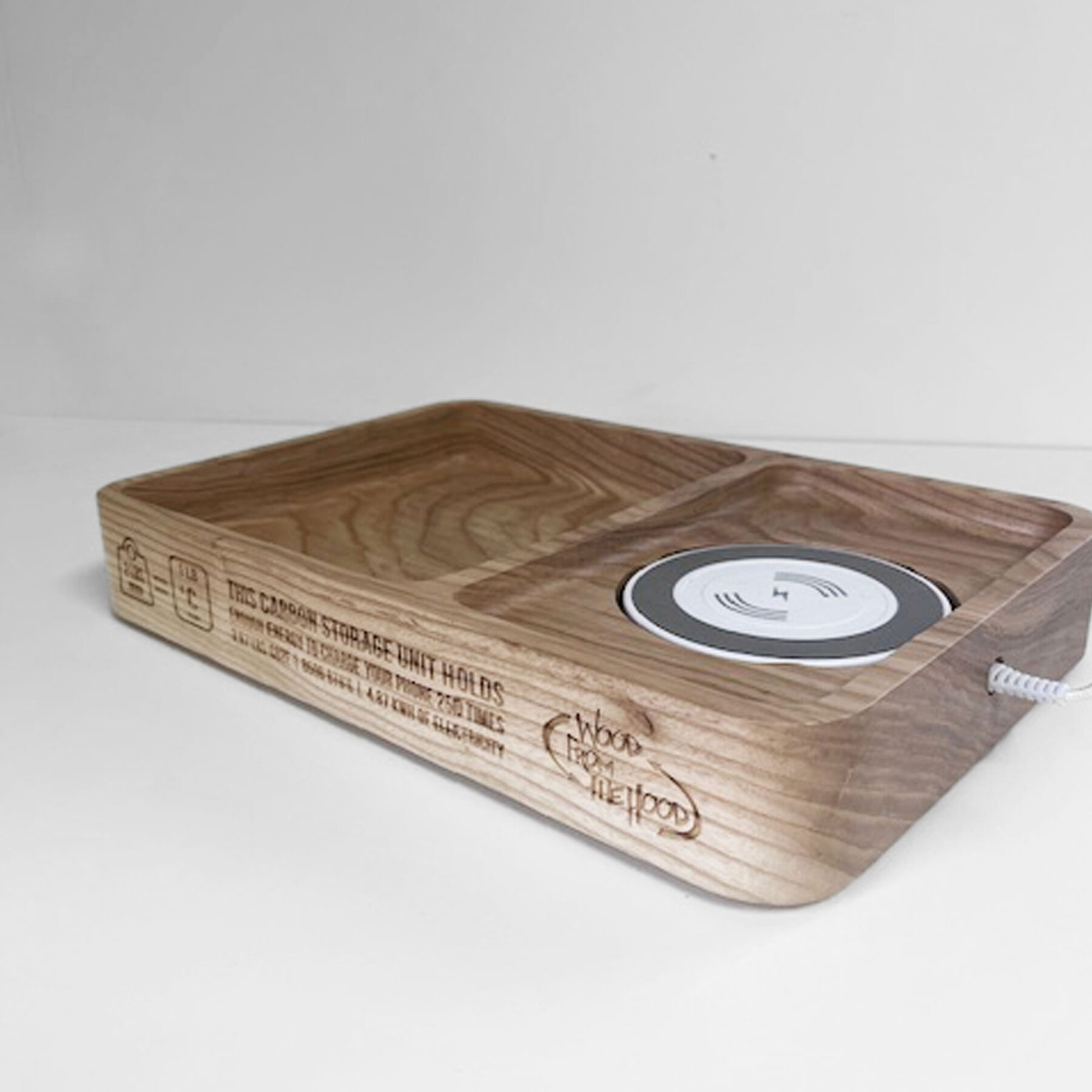 Valet-Tray-with-Charger-Engraved2 Detail of urban reclaimed ash wood highlighting unique grain patterns